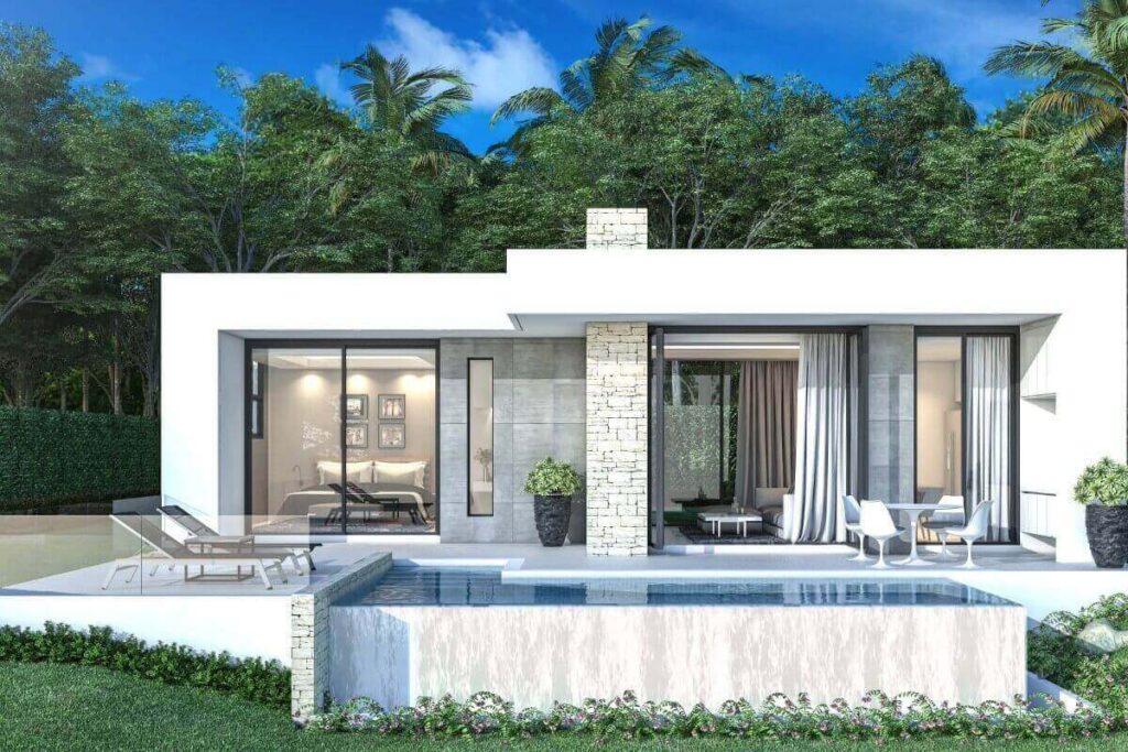 Modern 1-bedroom pool villa under construction in Pa Klok, Phuket, surrounded by greenery