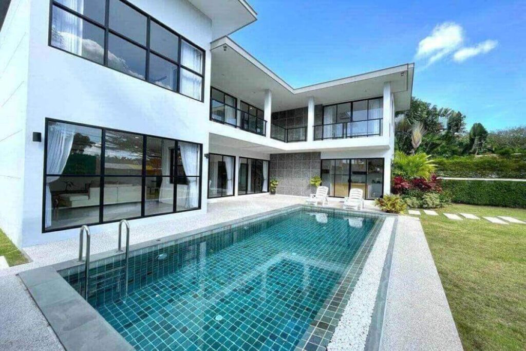 3-bedroom modern L-shaped pool villa for sale in Cherng Talay, Phuket near UWC and Laguna