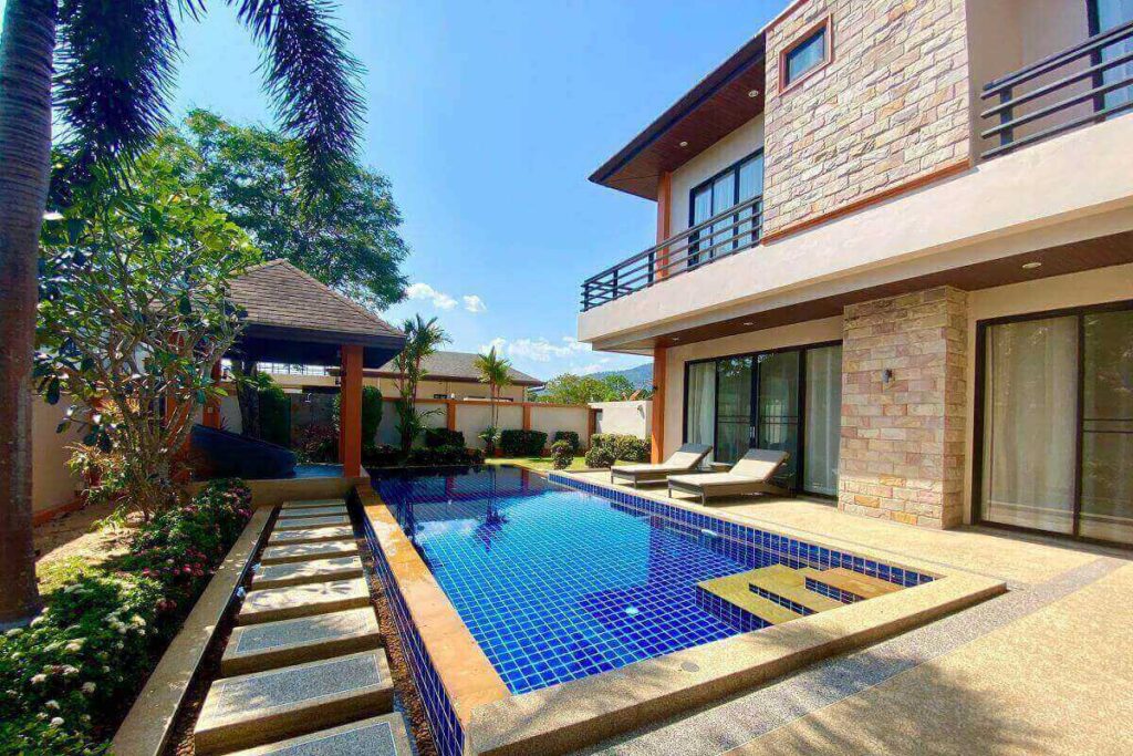 3-bedroom modern villa with saltwater pool, balconies, and mountain views for sale in Rawai, Phuket – 446 sqm built-up on 449 sqm land