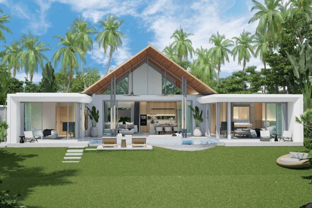 3-bedroom architectural villa with pool and timber ceiling design for sale in Pasak, Cherng Talay, Phuket