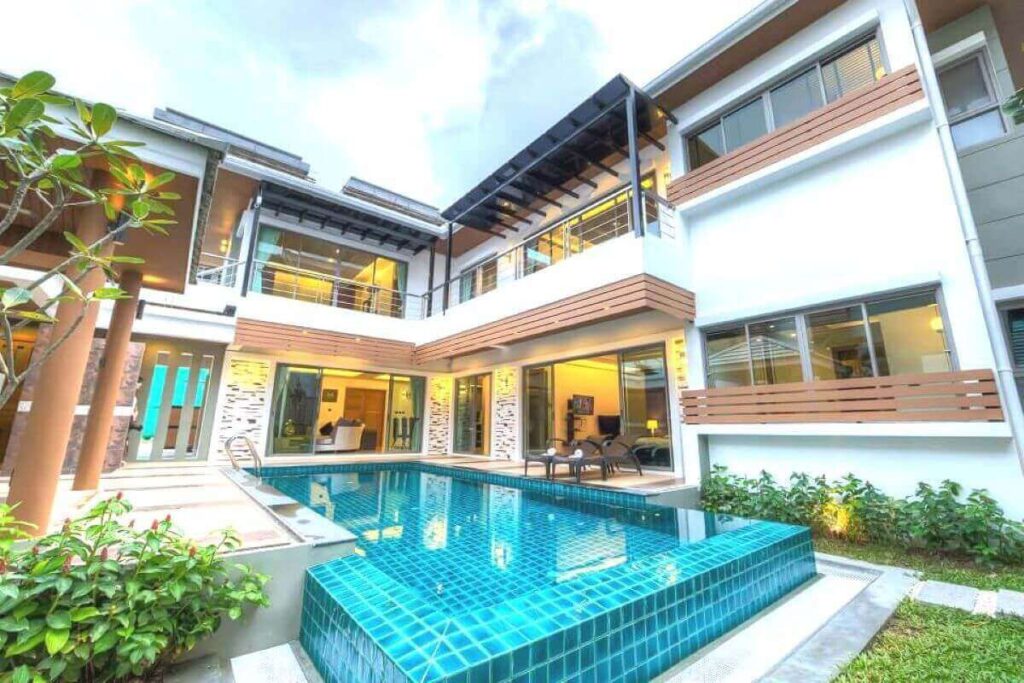 3-bedroom modern villa with pool, gym access, and rooftop deck for sale in Chalong, Phuket