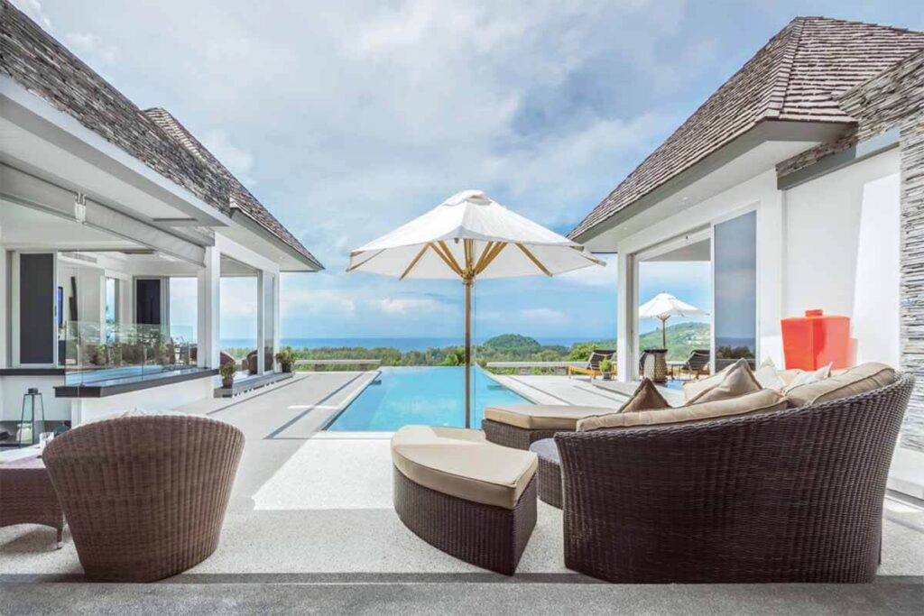Sea view villa overlooking Layan Beach with infinity pool, vaulted ceilings, and BVI leasehold structure