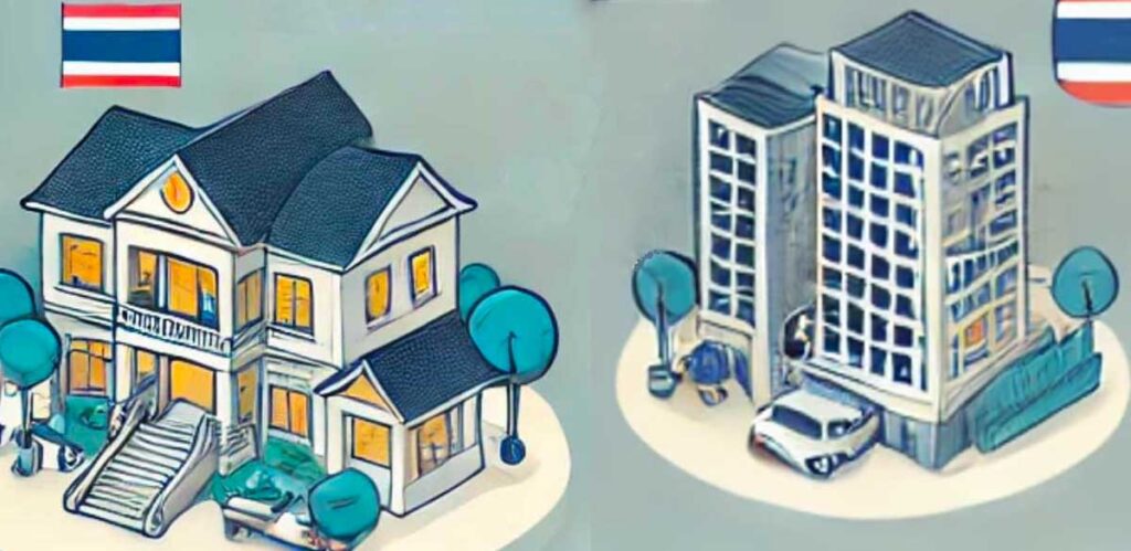 Property ownership in Thailand, a house and a condo building