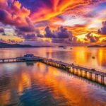 Breathtaking sunrise over Chalong Pier in Phuket, Thailand, with colorful skies reflecting on the calm ocean waters