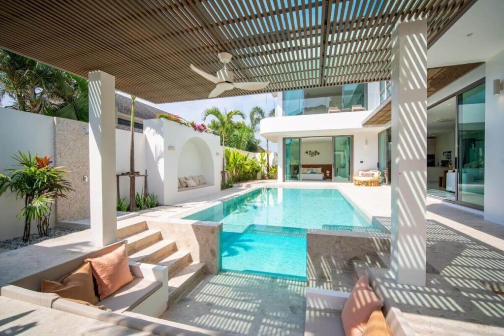 4-bedroom Greek-inspired villa with pool and sunken lounge for sale in Rawai, Phuket