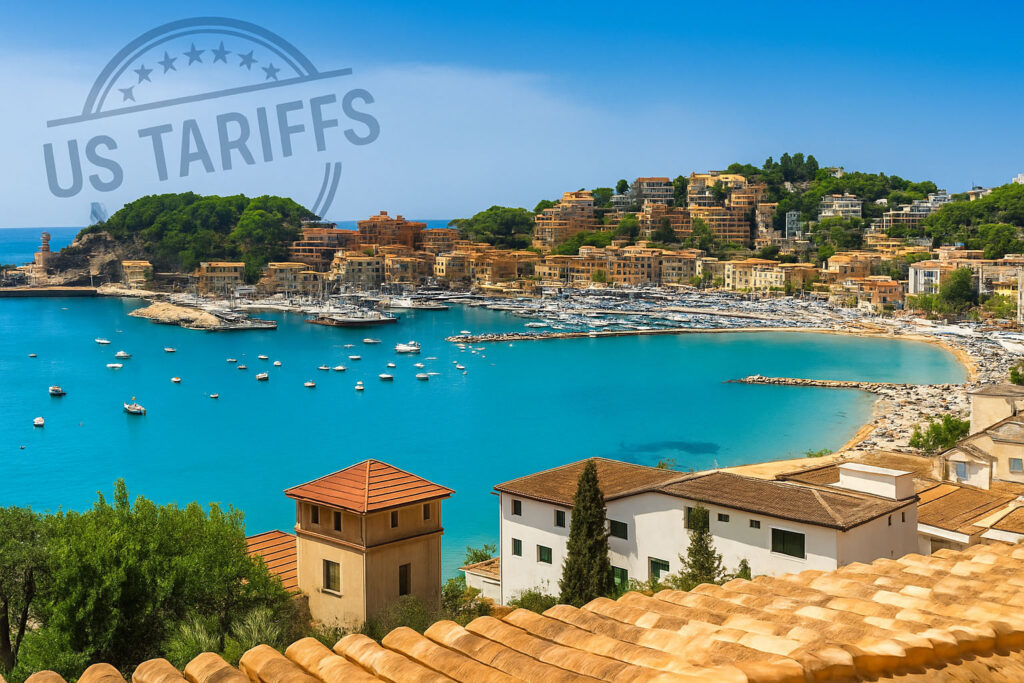 View of Mallorca coastline and marina with “US Tariffs” stamp overlaid in the sky – cover image for article on the economic impact of US trade policy on the Mallorca property market