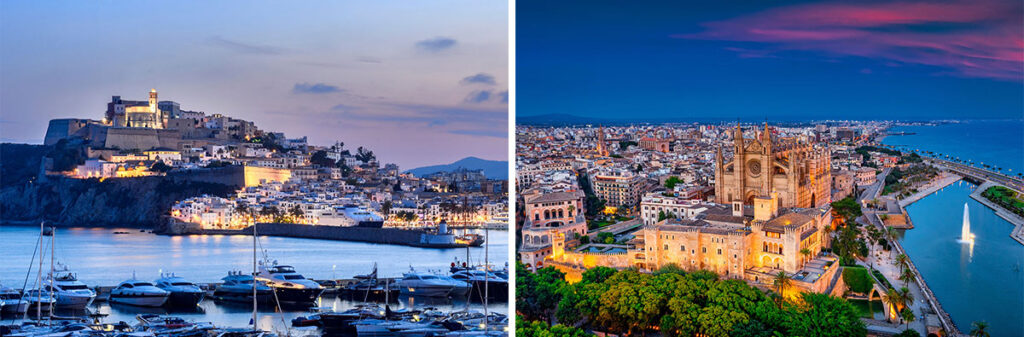 Ibiza Old Town at dusk and Palma de Mallorca