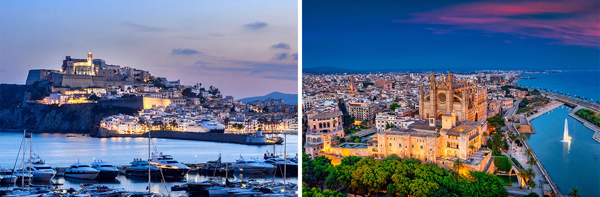 Ibiza Old Town at dusk and Palma de Mallorca