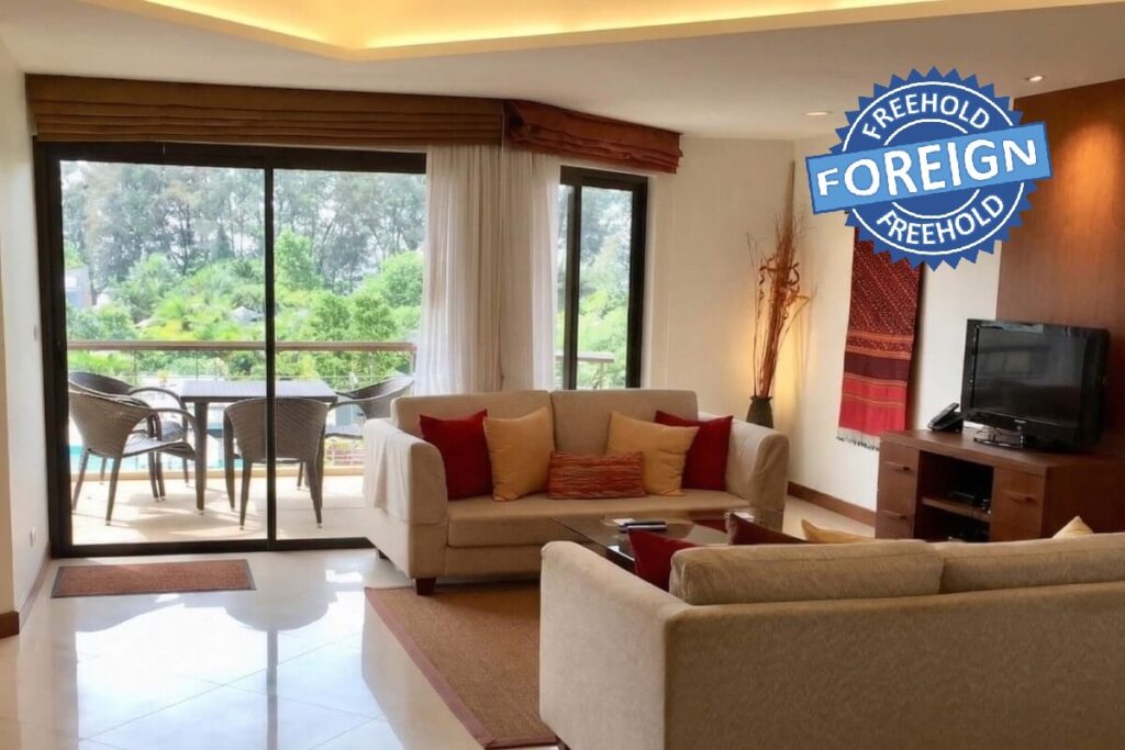 2-bed foreign freehold condo for sale near Nai Yang Beach, Phuket, resort-style development, pool view