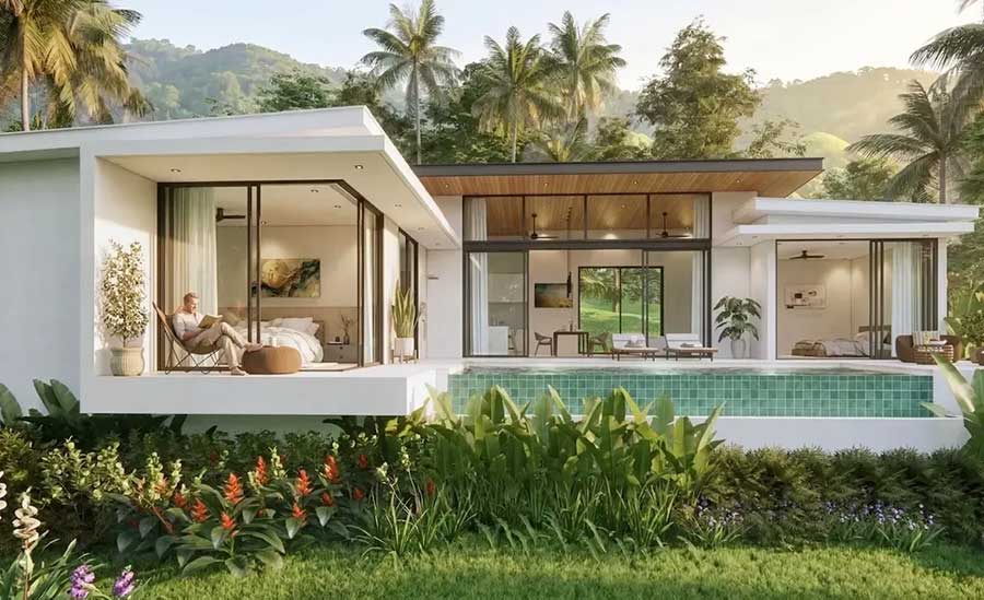 3-bed single-level Sawasdee pool villa with sea or garden views in Plai Laem, Koh Samui