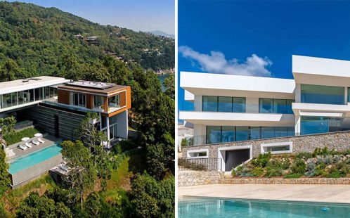 Side-by-side comparison of Villa Mayavee in Phuket and the Contemporary Sol de Mallorca Villa, showcasing their modern luxury architecture and oceanfront locations.